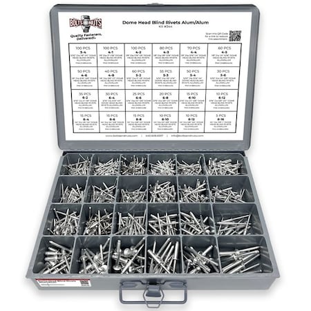 Boltsandnuts.Com Dome Head Blind Pop Rivets Alum/Alum Mandrel Assortment - 1001 PCS Assortment Kit #344